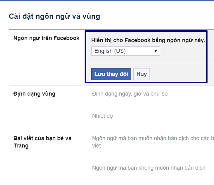Đổi tên Facebook bằng việc chuyển ngôn ngữ