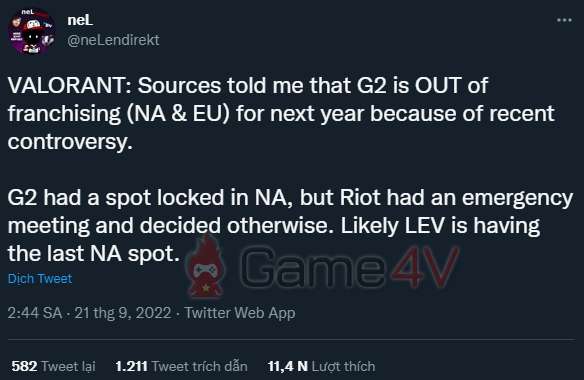 Nguồn tin của neL cho biết LEV sẽ thay thế G2 tại Bắc Mỹ.