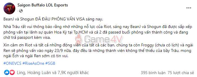 SGB ​​thông báo tình trạng Visa trên fanpage.